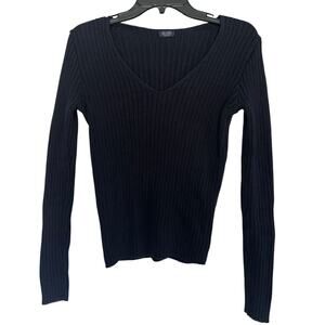 John Galt Brandy Melville Navy Ribbed V-Neck Long Sleeve Sweater Top